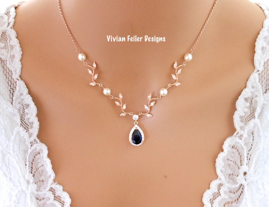 Blue Sapphire Necklace VINE Rose Gold Bridal Wedding Necklace