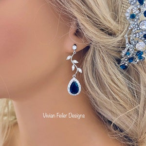 Blue Wedding VINE Earrings Navy Sapphier Cubic Zirconia Bridal Jewelry Bridesmaid Gift Bridal Pearl Earrings Prom
