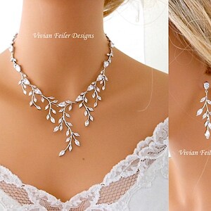 Wedding Jewelry SET VINE Marquise Bridal Necklace and Earrings Silver or Rose Gold Bridal Necklace Jewelry Cubic Zirconia