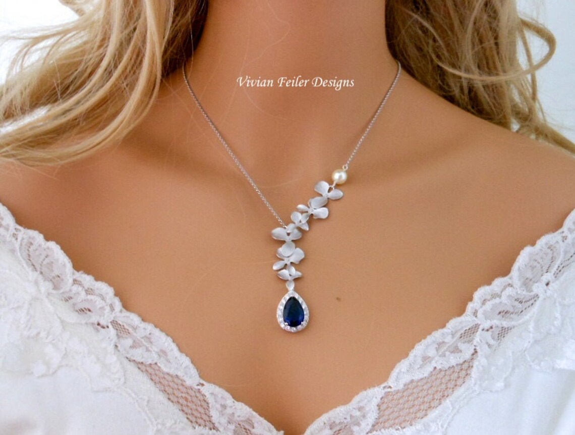 Blue Wedding Jewelry Necklace Orchid Flower Sapphire Blue CZ Etsy