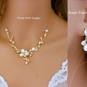 Yellow Gold Jewelry Set for Bride Freshwater Pearl VINE Wedding Bridal Necklace and earrings Jewelry Cubic Zirconia