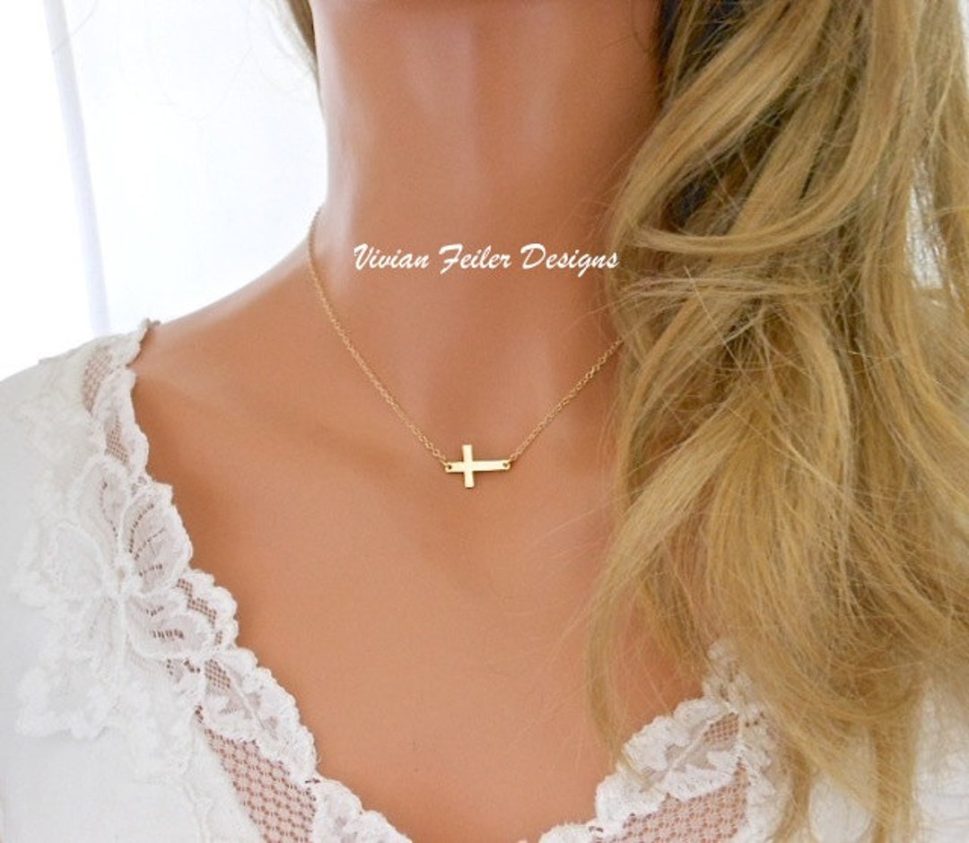 Sideways Cross Necklace Gold Centered Minimalist Celebrity Etsy