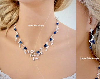 Blue Sapphire Jewelry SET VINE Marquise Bridal Necklace and Earrings Cubic Zirconia