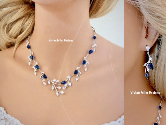 Blue Sapphire Jewelry SET VINE Marquise Bridal Necklace and