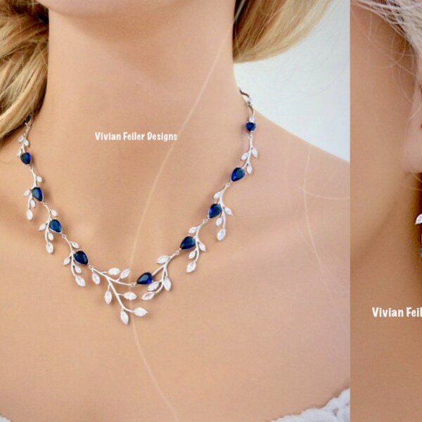 Blue Sapphire Jewelry SET VINE Marquise Bridal Necklace and Earrings Cubic Zirconia