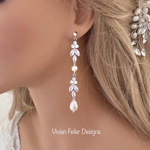 Bridal Pearl Earrings Long Teardrop Cubic Zirconia Available in Silver, Rose Gold and Gold