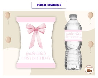 May include: Digital download featuring a pink bow and the text "Gabriela's First Birthday" on a white background. A water bottle with a matching label and balloons are also shown. The words "Digital Download" are in a blue box.