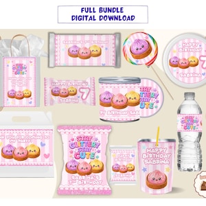 May include: A digital party supply bundle featuring pink and white striped designs with cute dumpling illustrations. Items include labels for candy bars, water bottles, chip bags, and favor boxes, all printed with "Stay Glittery Stay Cute" and "Happy Birthday Sabrina".