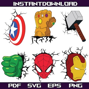 Può includere: Grafica digitale scaricabile con sei disegni a tema supereroi. Include lo scudo di Capitan America, il Guanto dell'Infinito, il martello di Thor, il pugno di Hulk, la maschera di Spider-Man e il casco di Iron Man, tutti che emergono da muri crepati. Il testo recita "INSTANT DOWNLOAD", "PDF SVG EPS PNG".