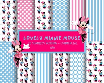 May include: A collection of 23 seamless patterns featuring Minnie Mouse. The patterns include polka dots, stripes, and Minnie Mouse illustrations in pink and blue. The text on the image reads "LOVELY MINNIE MOUSE 23 SEAMLESS PATTERNS - COMMERCIAL USE."