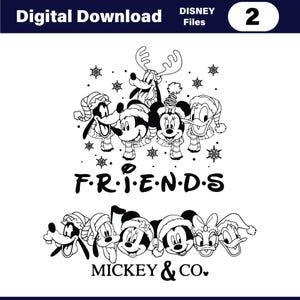 Könnte beinhalten: Schwarz-Weiß-Digitaldownload mit Disney-Charakteren. Das Bild zeigt Micky Maus, Minnie Maus, Donald Duck, Goofy und Pluto, alle mit Wintermützen und Schals. Das Wort "FRIENDS" steht in der Mitte, darunter "MICKEY & CO.".