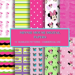 May include: A collection of ten seamless digital paper patterns featuring Minnie Mouse. The designs include polka dots, stripes, and Minnie Mouse illustrations in pink, green, and purple. The text on the image reads "Minnie Mouse Digital Papers".