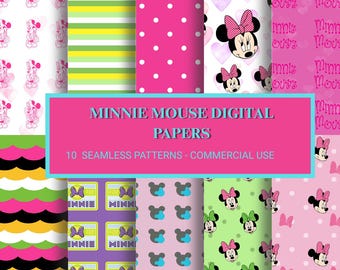 May include: A collection of ten seamless digital paper patterns featuring Minnie Mouse. The designs include polka dots, stripes, and Minnie Mouse illustrations in pink, green, and purple. The text on the image reads "Minnie Mouse Digital Papers".