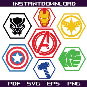 Peut inclure: Graphiques sur le thème des super-héros dans des formes hexagonales. Les motifs incluent le casque d'Iron Man, le bouclier de Captain America, le logo des Avengers, le marteau de Thor, le poing de Hulk, l'étoile de Captain Marvel et le masque de Black Panther. Les mots "INSTANTDOWNLOAD", "PDF", "SVG", "EPS" et "PNG" sont également présents.