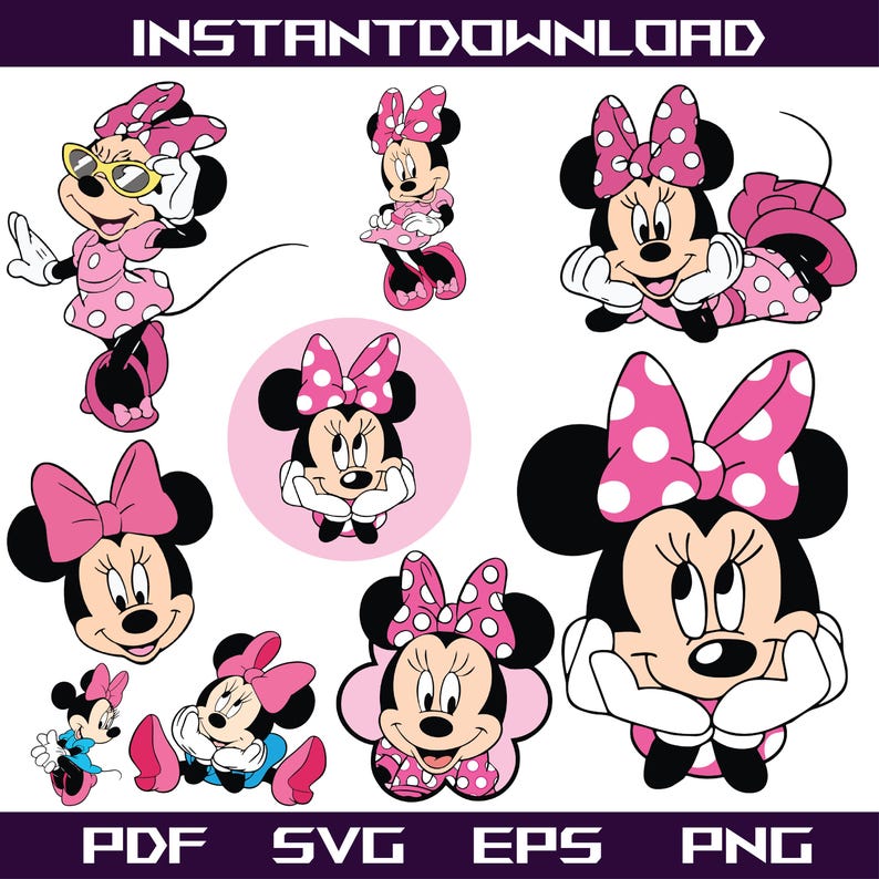 May include: A collection of Minnie Mouse illustrations in various poses. Minnie is depicted in her signature pink polka-dot bow and dress. The image includes the text "INSTANT DOWNLOAD" at the top and file type abbreviations at the bottom: PDF, SVG, EPS, and PNG.
