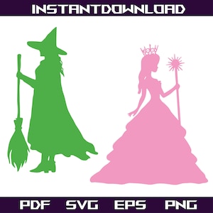 Könnte beinhalten: Eine grüne Hexen-Silhouette mit einem Besen neben einer rosa Prinzessinnen-Silhouette mit Krone und Zepter. Der Text "INSTANTDOWNLOAD" steht oben und "PDF SVG EPS PNG" unten.