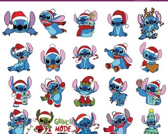 Paquete de imágenes prediseñadas navideñas de Stitch, Stitch PNG lindo, Stitch navideño SVG, descarga digital navideña, pegatinas de Stitch con gorro de Papá Noel, archivos de sublimación