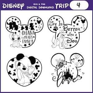 以下が含まれることがあります： 白黒のディズニーをテーマにしたSVGとPNGデジタルダウンロード。4つのデザインが含まれています。デザインには、スティッチと「Ohana Means Family」のフレーズが付いたミッキーマウスの耳、犬と「Life is Better with a Dog」のフレーズが付いたプルート、フード付きのミッキーマウス、そして「love」という言葉が入ったお城が含まれています。