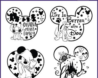Paquete SVG de orejas de Mickey, Ohana significa familia, Pluto perro, Mouse Castle Love, Stitch, Mickey Mouse cabeza, Viaje familiar