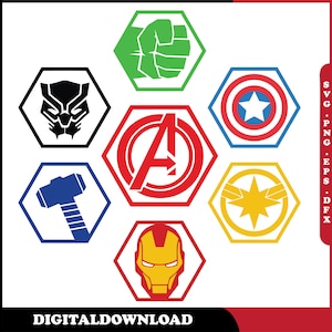 May include: A graphic design featuring seven colorful superhero symbols within hexagonal frames. The symbols include a fist, shield, hammer, mask, and the Iron Man, Captain Marvel, and Avengers logos. The text "DIGITALDOWNLOAD" is at the bottom.