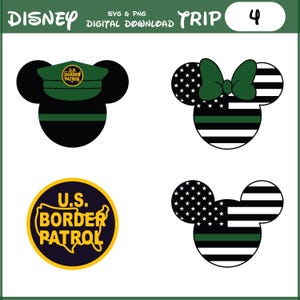 May include: Digital download featuring four Mickey Mouse head designs. One design includes a U.S. Border Patrol hat, and others feature American flag elements with green and black stripes. The designs are in black, green, white, and yellow.