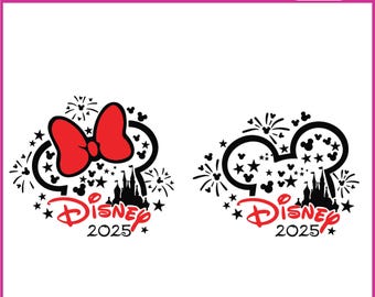 Pacote SVG Viagem 2025, Clipart de Férias em Família do Mickey Mouse e da Minnie Mouse, Fogos de Artifício do Castelo da Disney PNG, Design de Camisetas Combinando, Arquivos Cricut