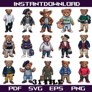May include: A digital download graphic showing 15 illustrated teddy bears in diverse outfits. The bears are dressed in styles such as a cowboy, a preppy student, and a beret-wearing artist. The image includes the text "INSTANT DOWNLOAD" and file type options.