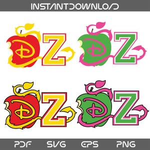 May include: Digital design featuring two apple graphics, one red and one green, each with a bite taken out. The apples have a stylized "D" and are paired with a yellow and green "Z". The design includes the text "INSTANTDOWNLOAD" at the top.