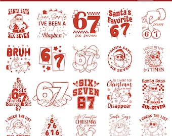 Könnte beinhalten: Ein digitaler Download mit 20 weihnachtlichen Designs mit dem Weihnachtsmann, den Zahlen 6 und 7 und den Sätzen "Six Seven" und "6-7 Times". Die Designs sind in Rot und Weiß.