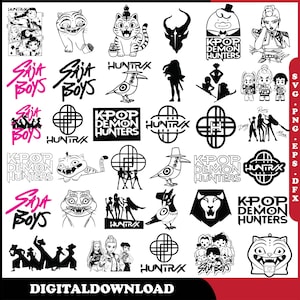 Peut inclure: Graphique de téléchargement numérique avec diverses illustrations en noir et blanc. Les motifs comprennent des animaux stylisés, du texte « Saja Boys » et « K-Pop Demon Hunters », et des formes abstraites. Le mot « DIGITALDOWNLOAD » est en bas.