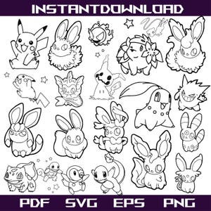 May include: Black and white line art illustrations of various cartoon characters, including Pikachu, rabbits, and other creatures. The image includes the text "INSTANT DOWNLOAD" at the top and "PDF SVG EPS PNG" at the bottom.