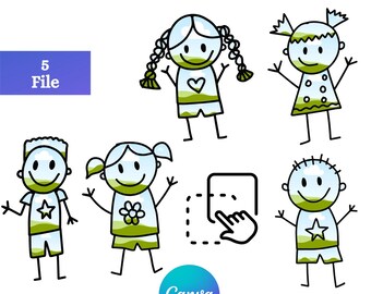May include: A digital graphic with the text "Stick Editable Frame" and "5 File" in a purple box. The image features six cartoon figures of children with green and white clothing. The word "Editable" is at the bottom left and "Frame" at the bottom right.