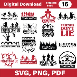 Puede incluir: Un gráfico de descarga digital con 16 diseños con el texto "FRIENDS DON'T LIE" en varias fuentes y estilos. Los diseños incluyen siluetas de personas en bicicleta, un grupo de personas y otros gráficos temáticos. Formatos de archivo: SVG, PNG y PDF.