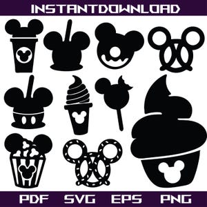 Può includere: Download digitale in bianco e nero con varie sagome di cibo. Include una bevanda, una mela caramellata, una ciambella, un pretzel, un gelato, un lecca-lecca, popcorn e un cupcake, tutti con un design a orecchie di topo. Il testo "INSTANTDOWNLOAD" è in alto.