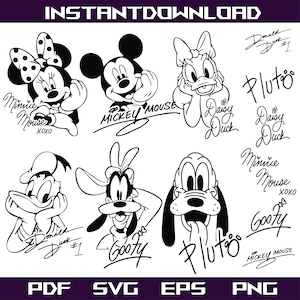 May include: Black and white line art of Disney characters including Mickey Mouse, Minnie Mouse, Donald Duck, Daisy Duck, Goofy, and Pluto. The text "INSTANTDOWNLOAD" is at the top, and file type options are at the bottom.