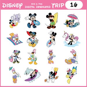 May include: A collection of colorful Disney character SVG and PNG digital downloads. The image features Mickey Mouse, Minnie Mouse, Donald Duck, and Daisy Duck in various summer-themed poses, including surfing, swimming, and relaxing on the beach.