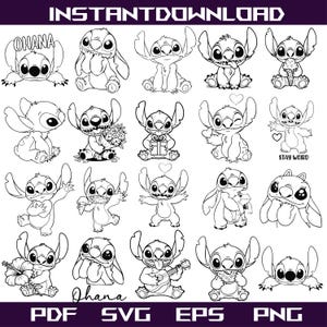 Può includere: Una collezione di venti illustrazioni a linee bianche e nere del personaggio Stitch in varie pose, tra cui con fiori, gelato, un regalo e un ukulele. Il testo INSTANT DOWNLOAD, OHANA, STAY WEIRD e i formati dei file sono visibili.