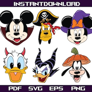 May include: A digital graphic set featuring six cartoon character heads in Halloween costumes, including a vampire, a pirate, a witch, a devil, a horned villain, and a pumpkin-topped character, with the text INSTANTDOWNLOAD, PDF, SVG, EPS, PNG.