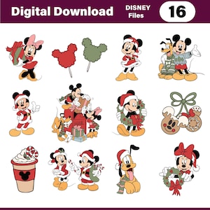 Puede incluir: Descarga digital con 16 ilustraciones navideñas de Disney. Mickey y Minnie Mouse, Pluto y otros personajes se representan con trajes festivos y decoraciones navideñas. Las imágenes son de estilo caricatura, con fondo blanco.