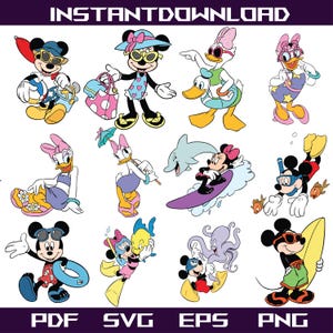 Op de afbeelding: Een verzameling cartoon illustraties met Mickey Mouse, Minnie Mouse, Daisy Duck en Donald Duck in verschillende strand- en zomerthema's. De personages dragen zonnebrillen, zwemkleding en houden strandaccessoires vast. De tekst "INSTANTDOWNLOAD" staat bovenaan.