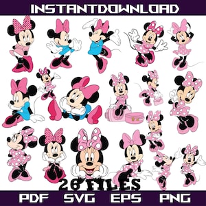 May include: Digital download graphic featuring multiple illustrations of Minnie Mouse in various poses, wearing pink and blue outfits. The image includes the text "INSTANT DOWNLOAD" and "26 FILES" with file type indicators: PDF, SVG, EPS, and PNG.