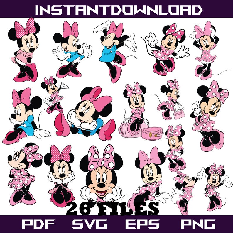 May include: Digital download graphic featuring multiple illustrations of Minnie Mouse in various poses, wearing pink and blue outfits. The image includes the text "INSTANT DOWNLOAD" and "26 FILES" with file type indicators: PDF, SVG, EPS, and PNG.