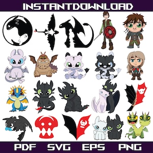 May include: A collection of digital art featuring characters and silhouettes from the "How to Train Your Dragon" franchise. Includes various dragon designs, character illustrations, and the text "INSTANTDOWNLOAD" at the top and file type abbreviations at the bottom.