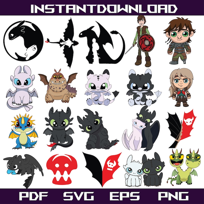 May include: A collection of digital art featuring characters and silhouettes from the "How to Train Your Dragon" franchise. Includes various dragon designs, character illustrations, and the text "INSTANTDOWNLOAD" at the top and file type abbreviations at the bottom.