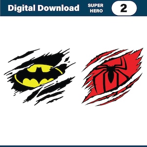Könnte beinhalten: Digitaler Download mit zwei Superhelden-Designs. Ein Design zeigt das Batman-Logo in Gelb und Schwarz, das andere ein rotes und schwarzes Spinnenemblem. Das Bild enthält den Text "Digital Download" und "SUPER HERO".