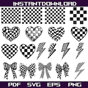 Checkered Bow SVG Bundle | Lightning Bolt Heart Bow SVG Png Dxf EPS | Trendy Clipart Cricut Files