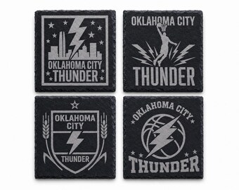 Black Slate “Thunder” Basketball Coaster Set – Engraved 4x4 Stone Drink Coasters, Oklahoma City Themed Barware, Gift for Basketball Fans