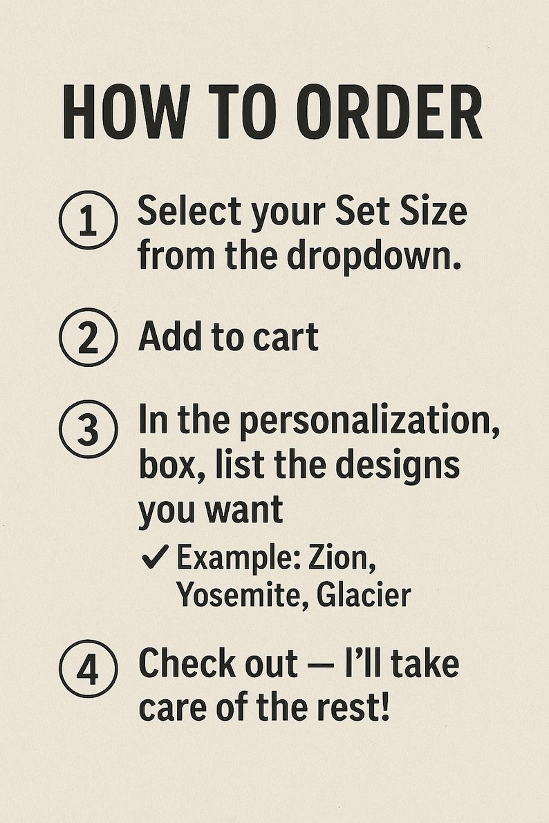 Pode incluir: Gr&aacute;fico bege com texto preto: "COMO ENCOMENDAR". Instru&ccedil;&otilde;es numeradas de 1 a 4: selecione o tamanho, adicione ao carrinho, liste os designs na personaliza&ccedil;&atilde;o e finalize a compra. Inclui exemplo.