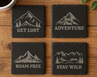Engraved Slate Coasters - Mountain Adventure, Cabin Decor