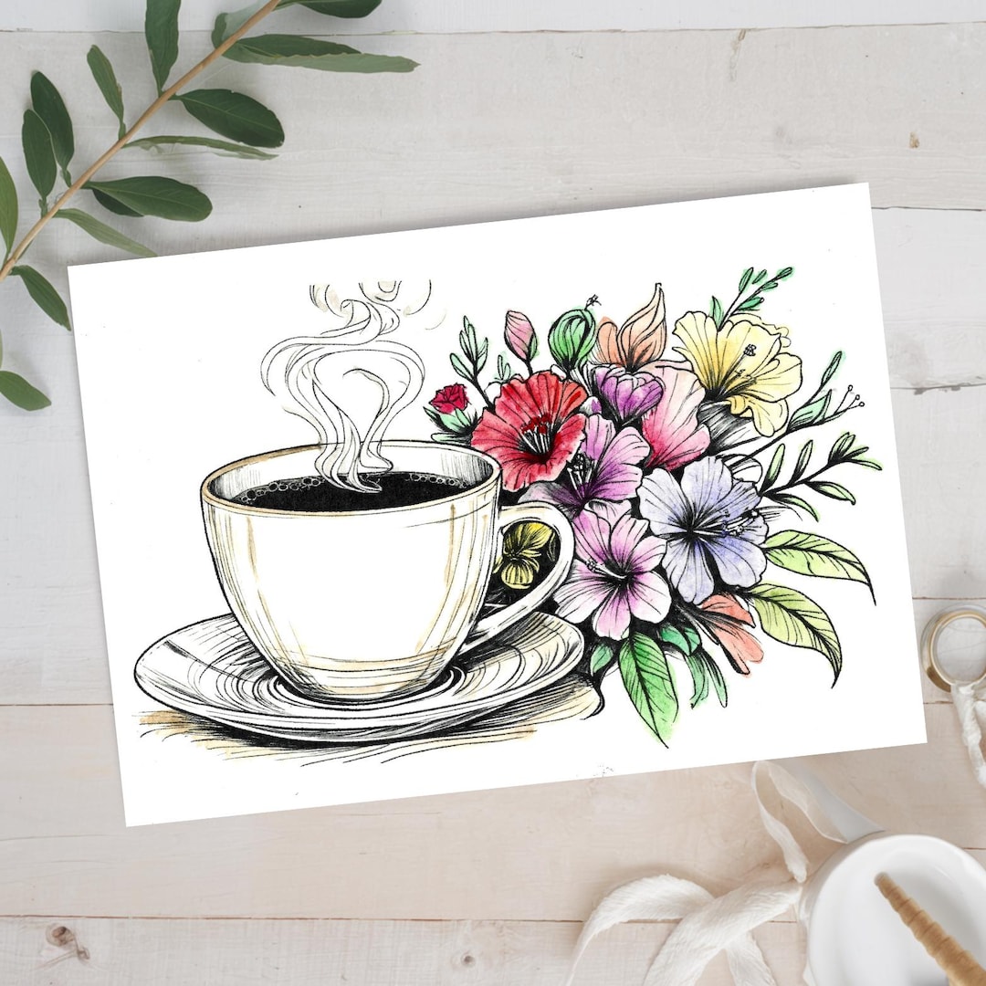 Coffee Message Card Floral Coffee Greeting Cards Set of 6 – A2 4.25 X 5.5 Blank Note Cards ...